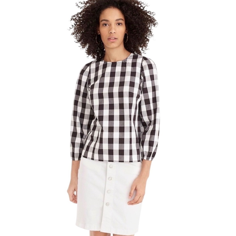 J. Crew Black & White Gingham Plaid Puff Sleeve Blouse Size 4